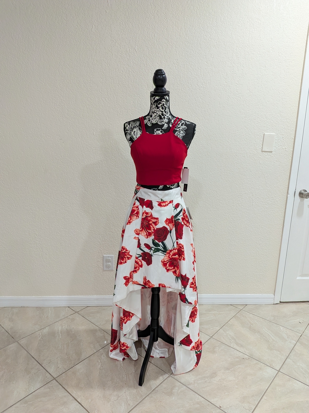 My Michelle Red Floral Two Piece High Low Formal Prom Dress